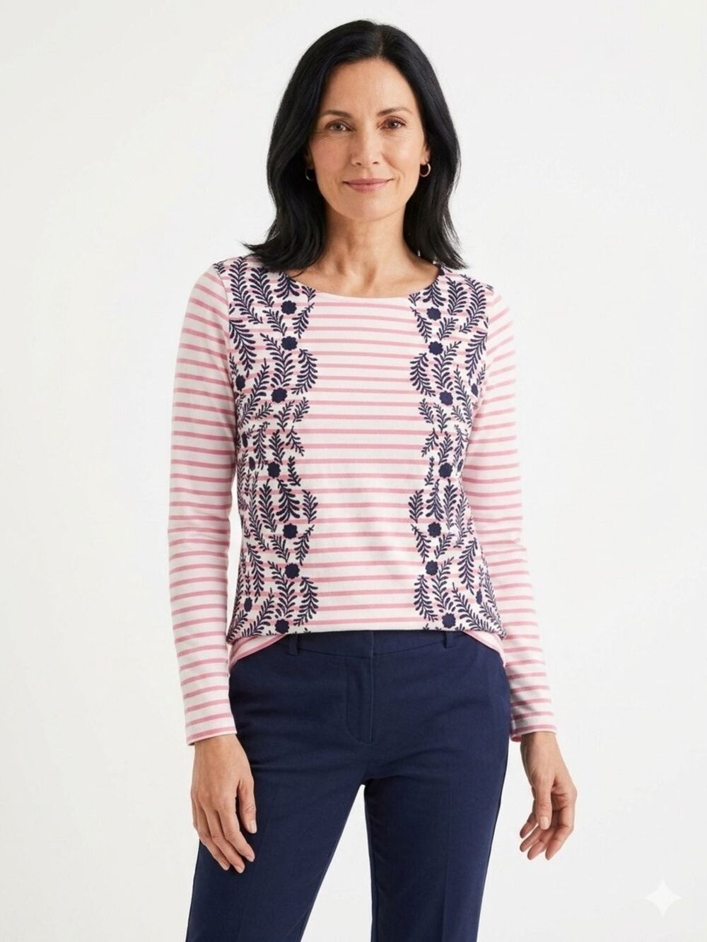 Boden Pink & Navy Striped Long-Sleeve Top with Floral print Sz 10